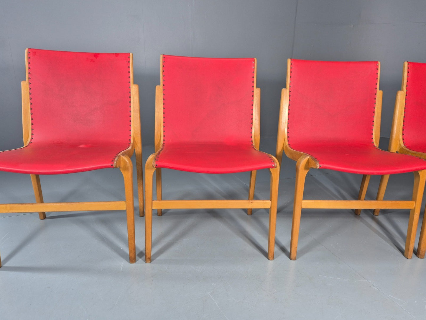 4 Stacking Lounge Chairs 1950s Swedish Red Beech Mid Century Retro EB11102 MDIN2