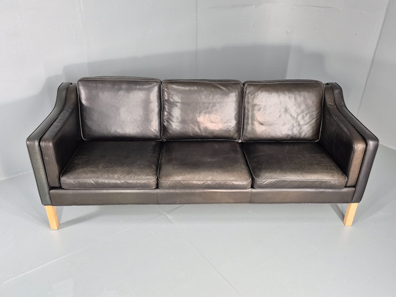 Vintage 3 Seat Sofa Danish Hurup Black Leather Retro MCM 1980s EB10472 M3SS8