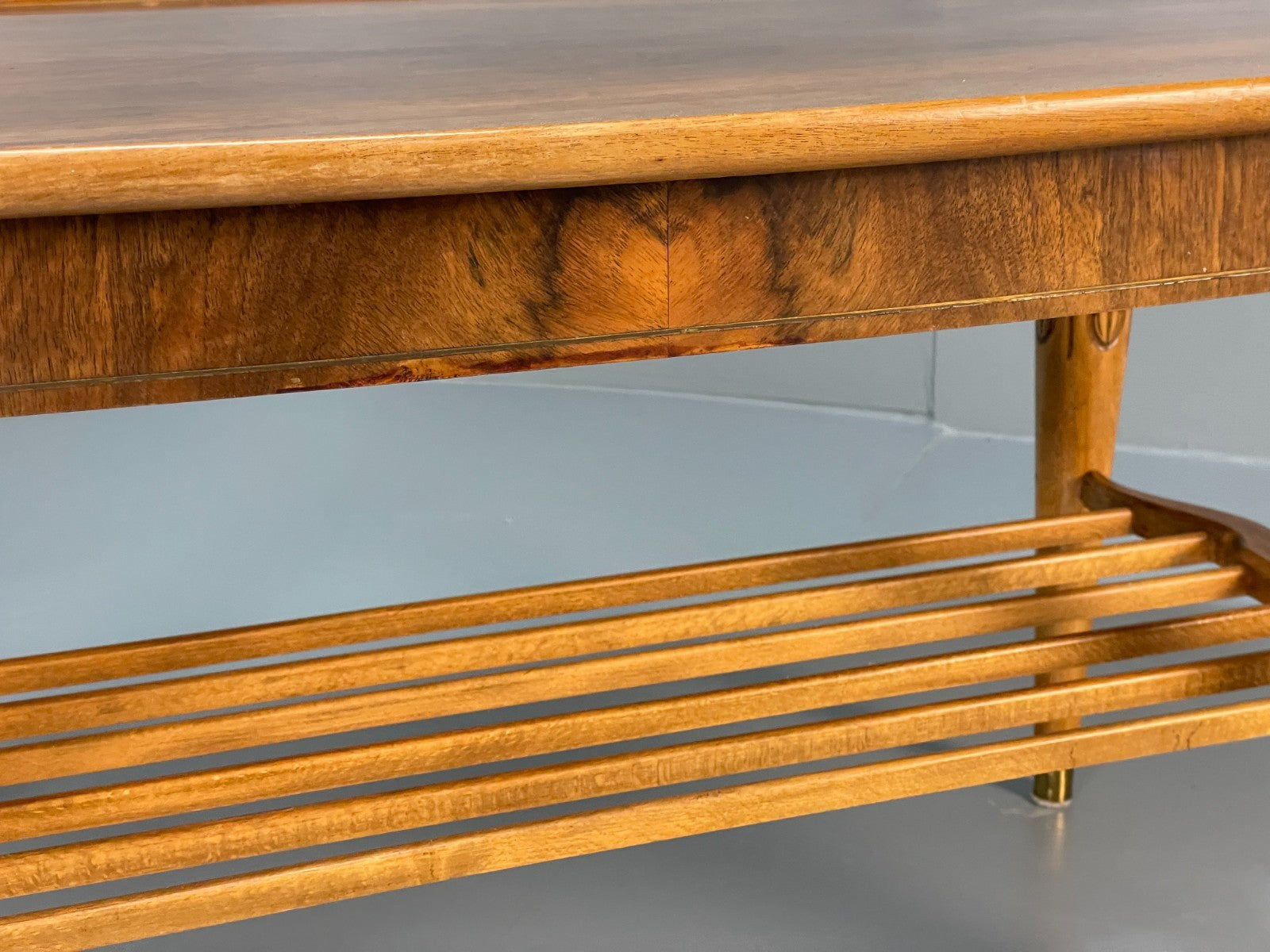 Vintage Walnut Coffee Table - Carved 1960s Magazine Rack Brass EB10874 MWOO4