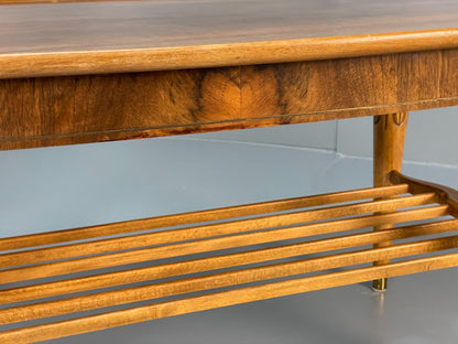 Vintage Walnut Coffee Table - Carved 1960s Magazine Rack Brass EB10874 MWOO4