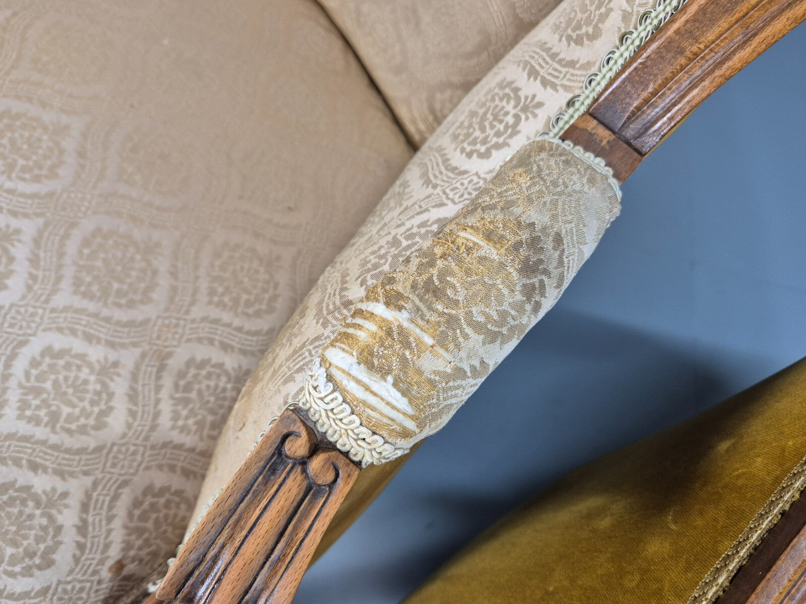 High and Low Back Danish Antique Rococo Style Lounge Chairs Damask EB9036 VCLO - UKDK FURNITURE