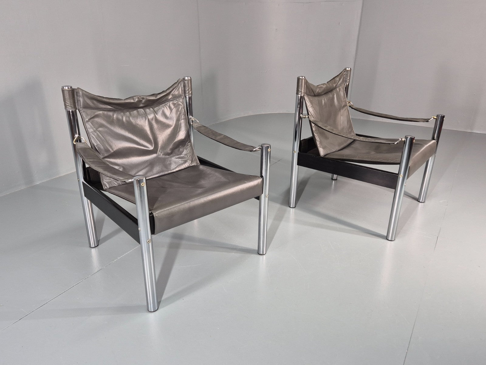 2 Vintage Leather and Chrome Lounge Chairs Safari by Borje Johanson EB11287 MNOR14