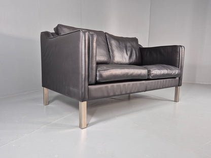 Vintage 2 Seat Leather Sofa Mid Century Danish Mogensen shape Black EB10465 M2SS1