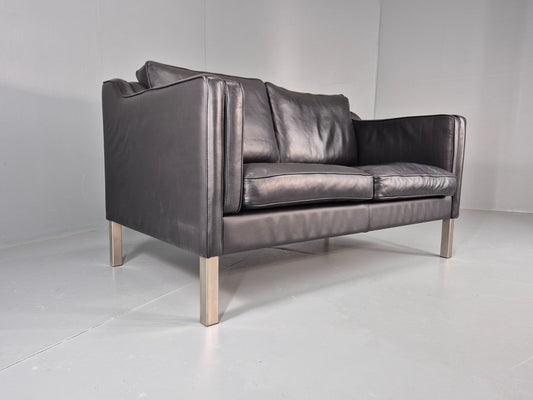 Vintage 2 Seat Leather Sofa Mid Century Danish Mogensen shape Black EB10465 M2SS1