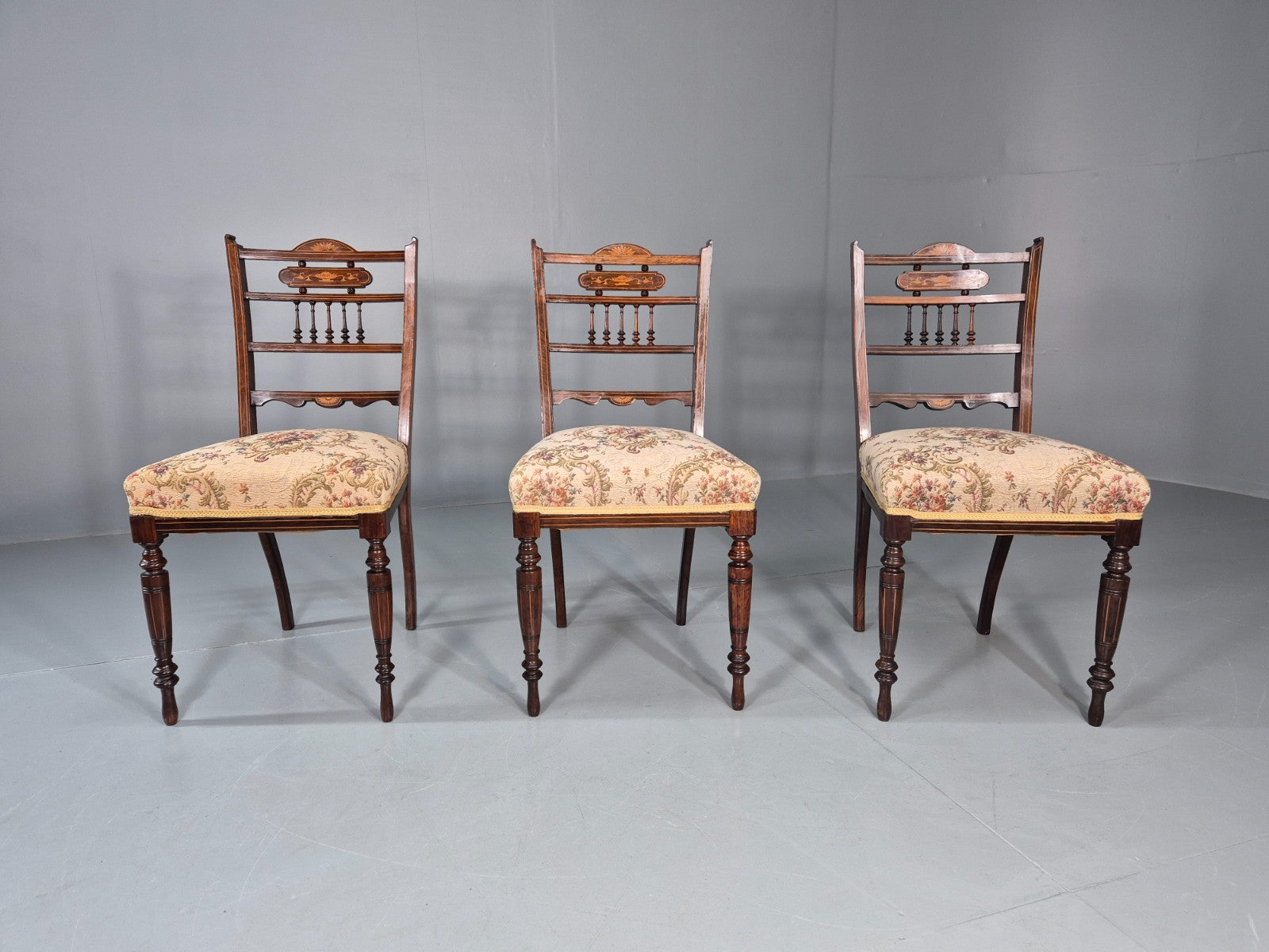 3 Antique Saloon Chairs Rosewood Frame Floral Seats Inlay Victorian EB10990 VDIN2
