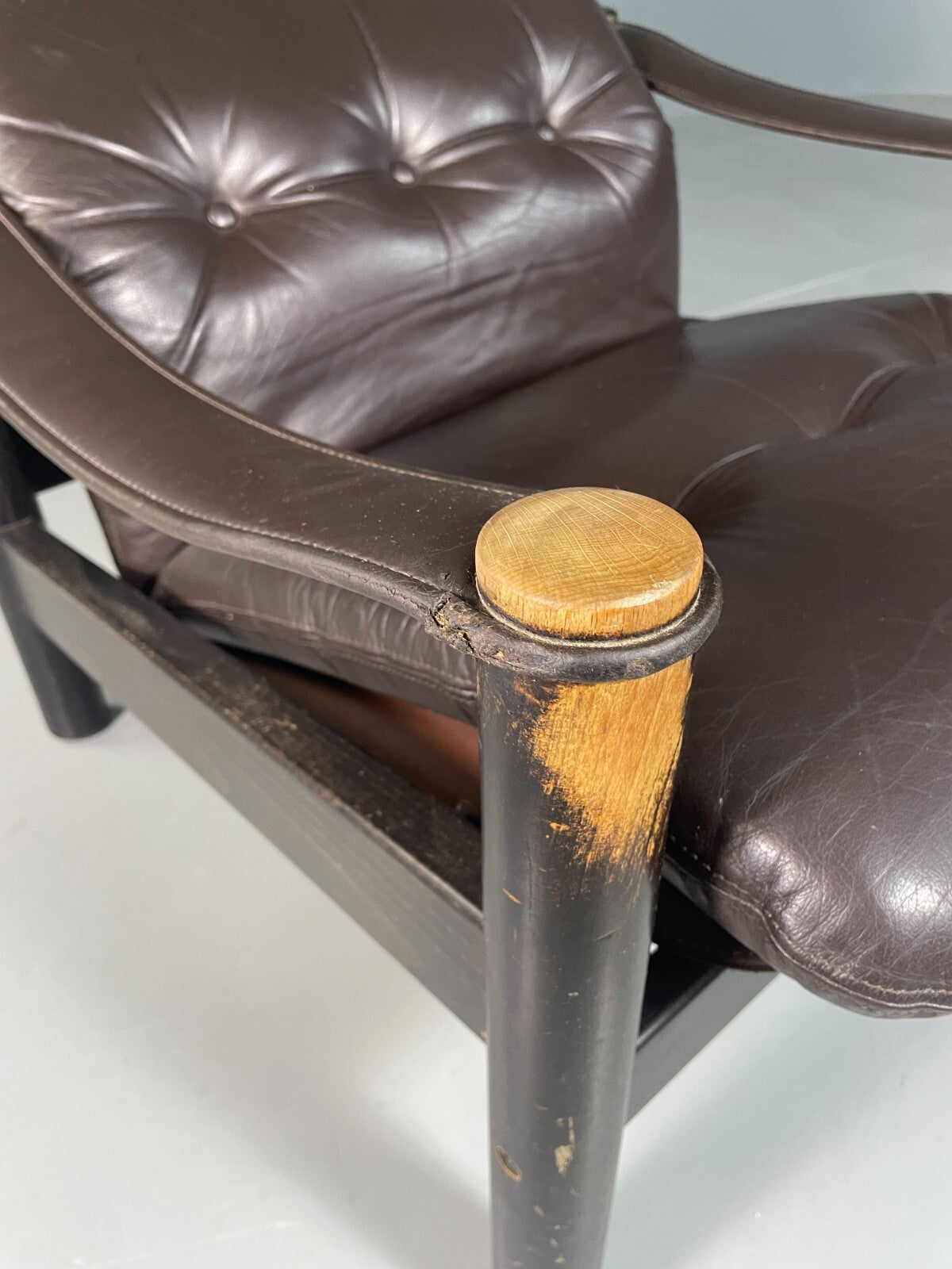 Vintage Danish Lounge Chair Brown Leather Sling Arms Retro MCM EB6867 MNOR2