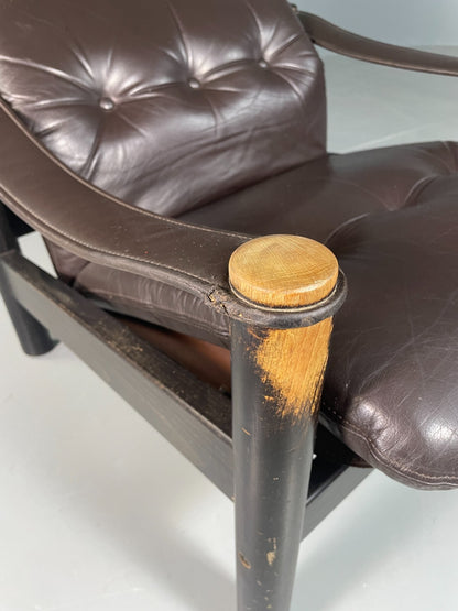Vintage Danish Lounge Chair Brown Leather Sling Arms Retro MCM EB6867 MNOR2