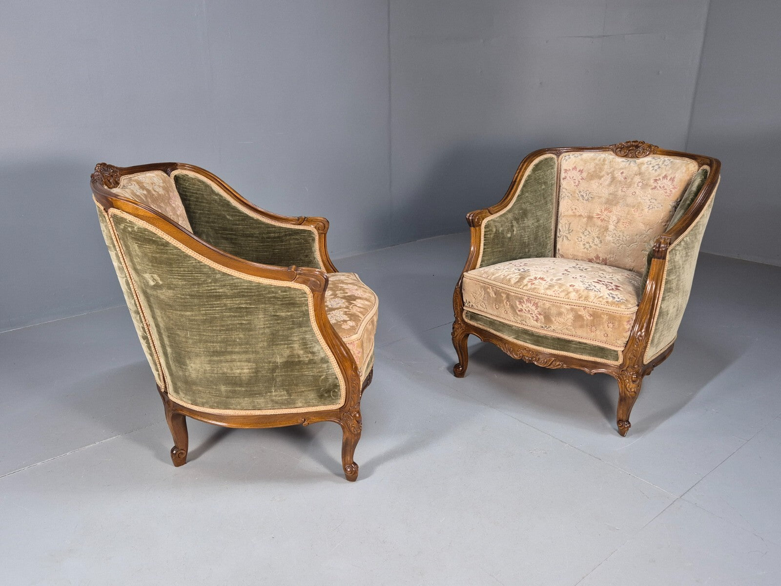 2 Vintage Rococo Armchairs 1920s Danish Green and Floral Antique EB9555 VCLO - UKDK FURNITURE