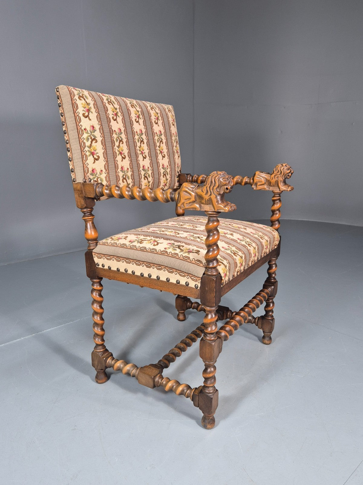 17th Century Style Carved Chair Lions Arms Barley Twist Frame 1960 EB10774 VCAR4