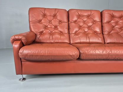 Vintage 3 seat Settee 1970s Retro Danish Red Tan Leather Buttoned EB10555 M3SS3