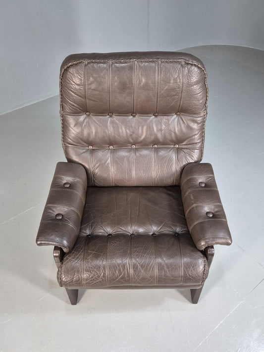 Vintage Mid Century Danish Leather Lounge Chair Stitched Detail Retro 70s EB82391