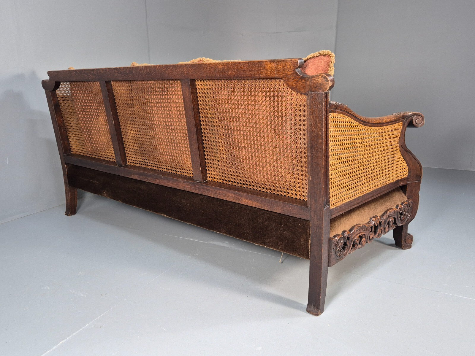Vintage Danish 1920s Carved Oak Sofa Bergere Brown Velour Antique EB9544 V3SS - UKDK FURNITURE