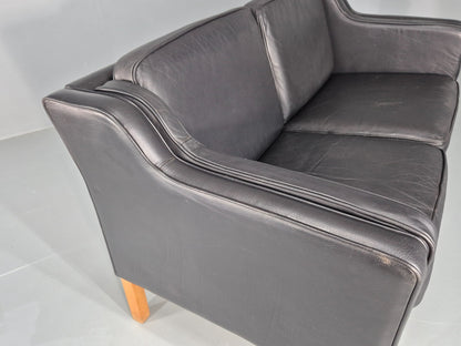 Vintage 2 Seat Sofa Danish Black Leather Mogensen Style Retro 1980s EB10464 M2SS12