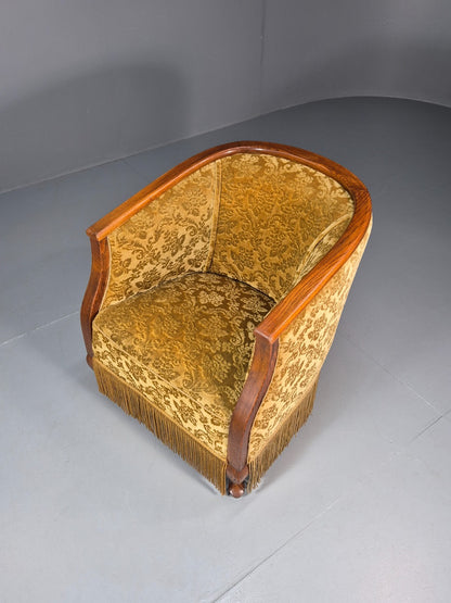Art Deco Tub Chair Danish Vintage Gold Moquette Tassels Oak Frame  EB10753 VCLO2