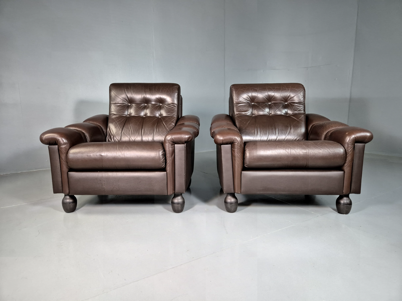 2 Vintage Danish Lounge Chairs Brown Leather Vinyl Retro MCM 1970s EB7177 MNOR - UKDK FURNITURE