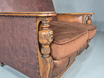 Two Seater Edwardian Sofa Baroque Oak Frame Rexine and Velour EB11265 V2SS8