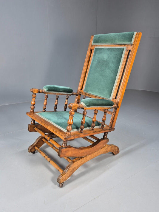 An Edwardian Mahogany Rocking Chair American Style Green Velvet EB9408 VCLO - UKDK FURNITURE