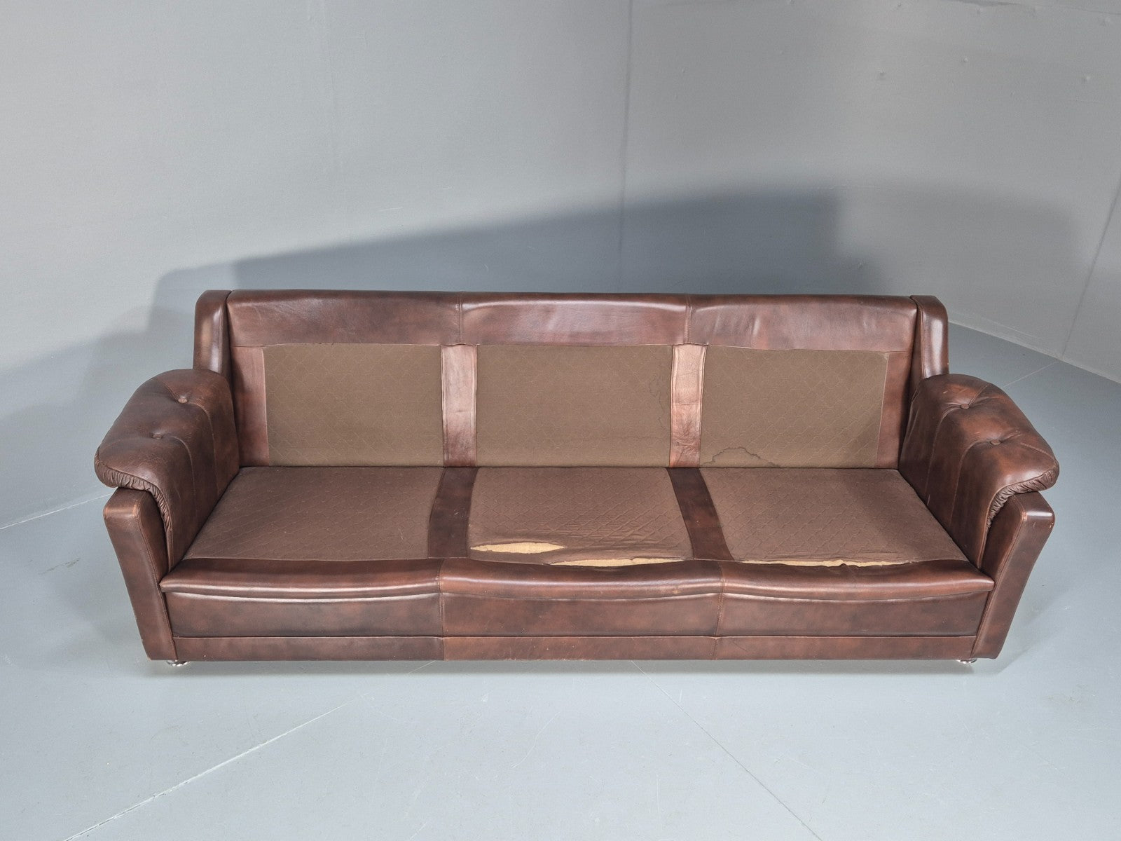 1970s Three Seat Retro Sofa Danish Brown Leather Vintage  EB10687 V3SS7