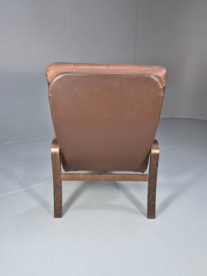 Vintage Danish Bentwood Lounge Chair Brown Leather Buttoned 1970s EB9486 MBEN - UKDK FURNITURE