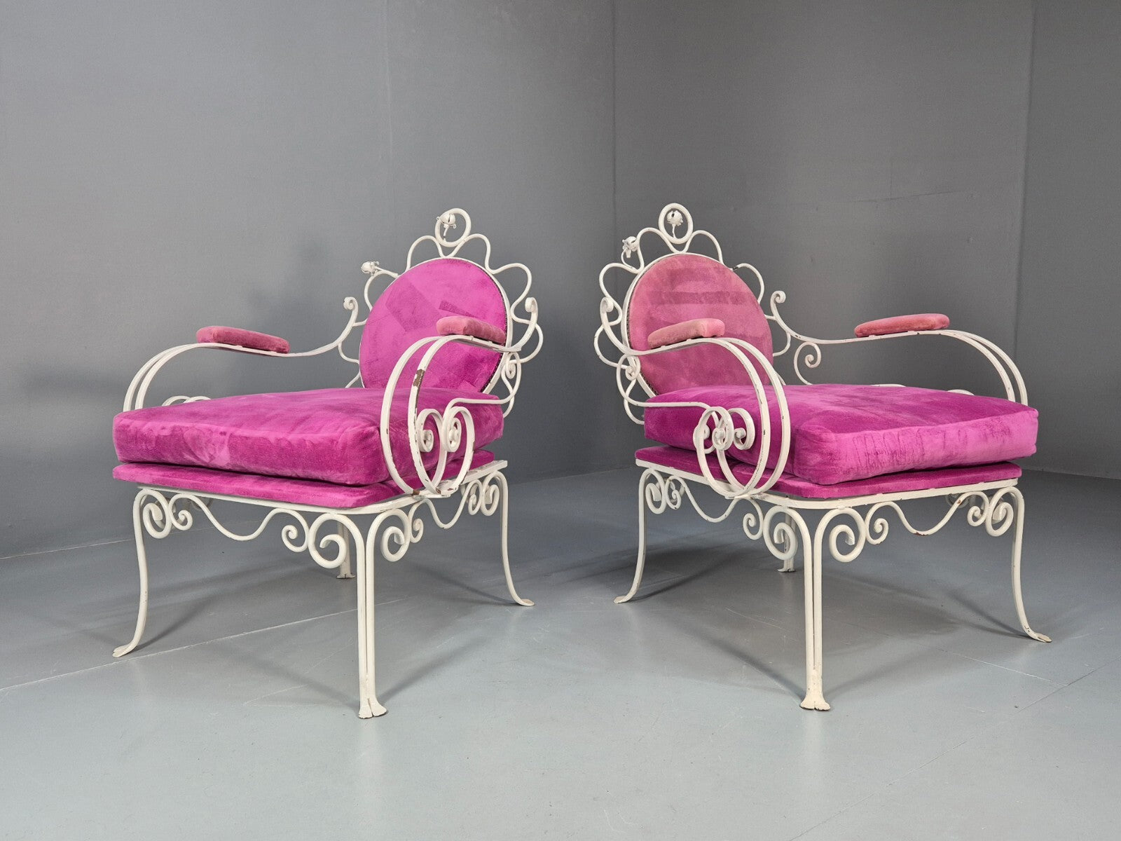 2 Vintage Pink Velvet and Wrought Iron 1950s Chairs French Orangery EB9677 VCLO - UKDK FURNITURE