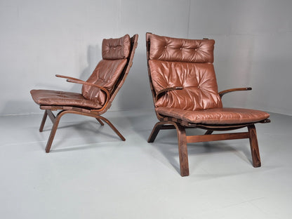 2 Mid Century Danish Leather Lounge Chairs Farstrup 1970s Bentwood EB11412 MBEN1