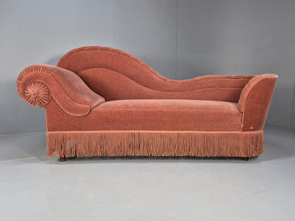 Vintage Danish Art Deco Chaise Lounge Pink Velour Tassels 1930s EB9664 VCHA - UKDK FURNITURE