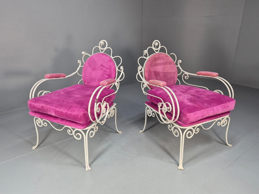 2 Vintage Pink Velvet and Wrought Iron 1950s Chairs French Orangery EB9677 VCLO - UKDK FURNITURE