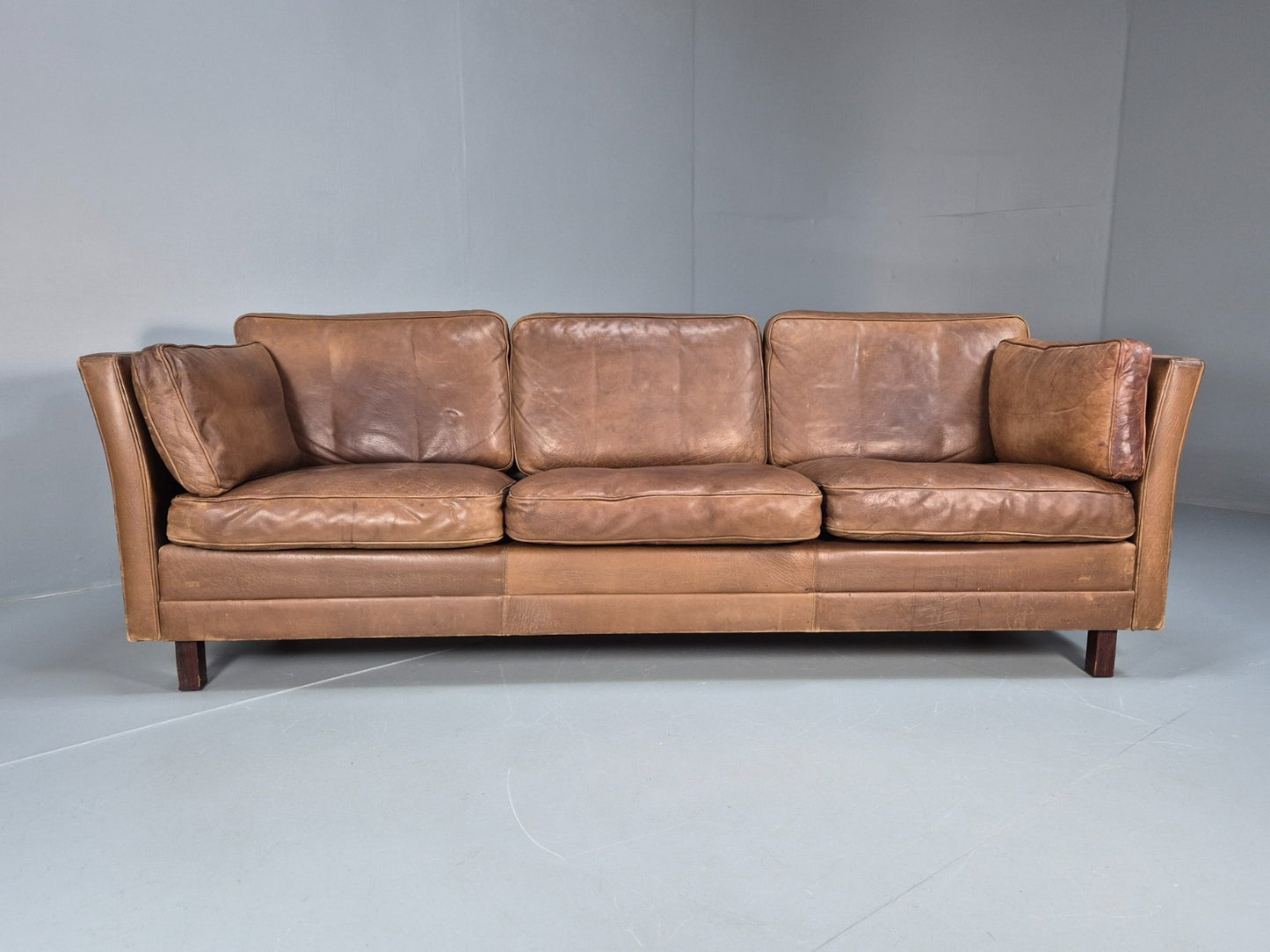 Mid Century 3 Seater Leather Sofa Danish Tan Leather  1970s Retro EB10102 M3SS4
