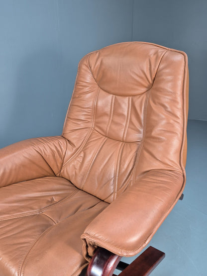 Vintage Tan Leather & Vinyl Swivel & Reclining Chair Danish Retro EB9265 MSWI - UKDK FURNITURE