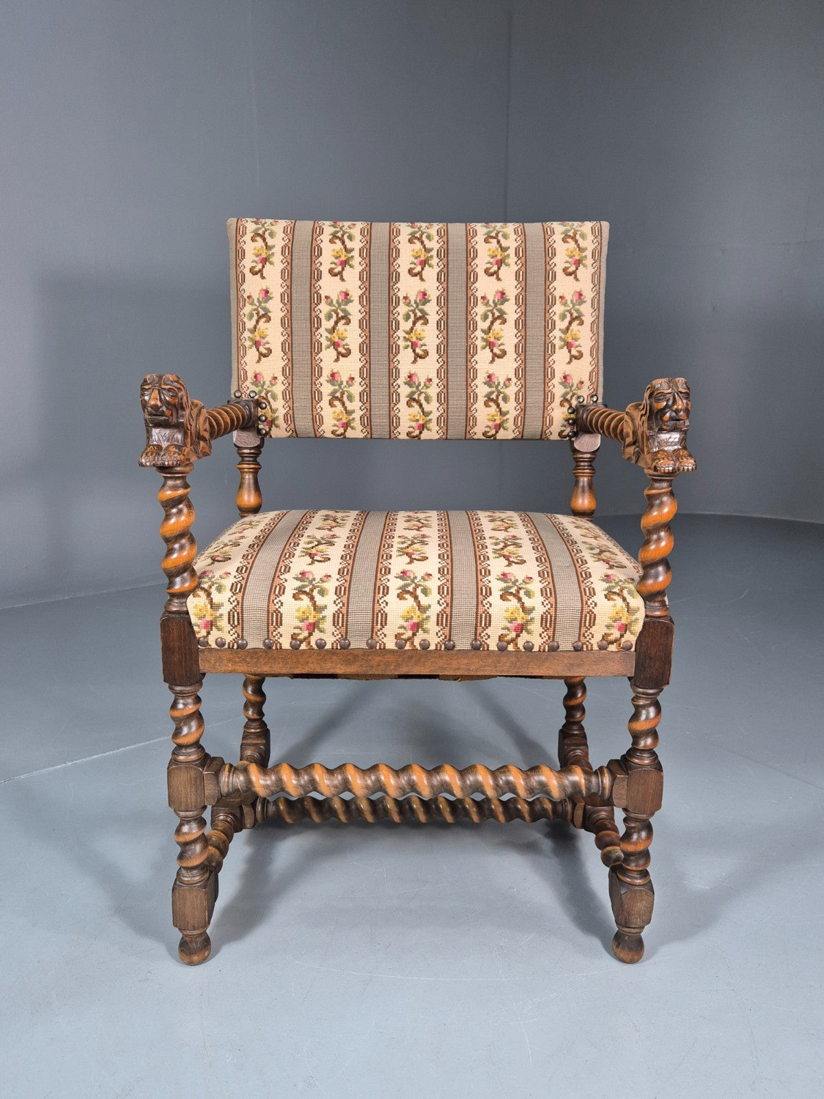 17th Century Style Carved Chair Lions Arms Barley Twist Frame 1960 EB10774 VCAR1