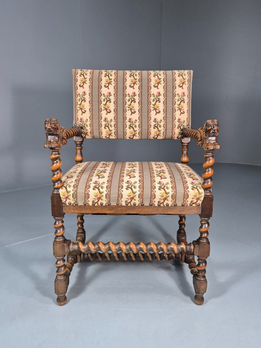 17th Century Style Carved Chair Lions Arms Barley Twist Frame 1960 EB10774 VCAR1