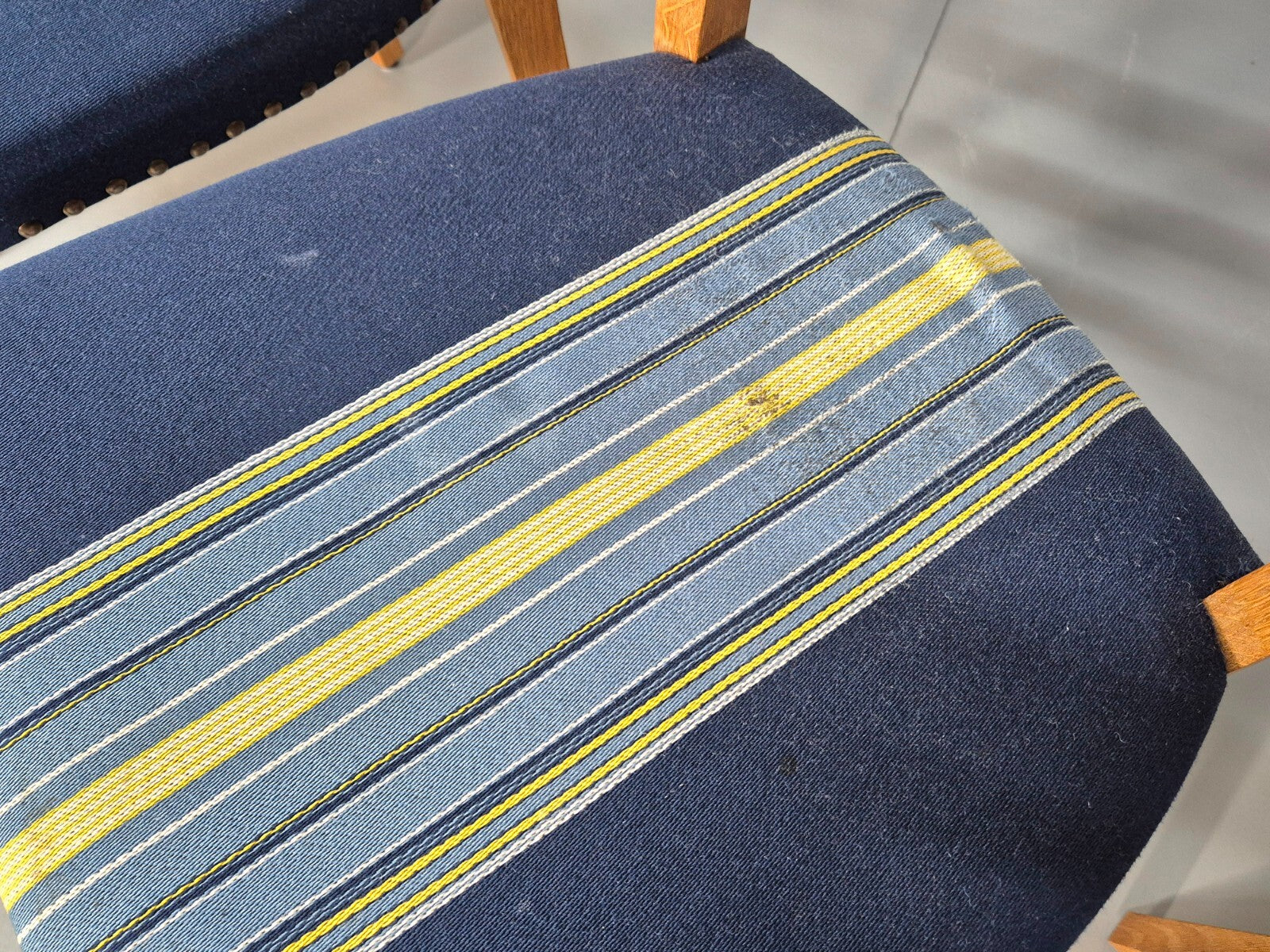 Six Oak Dining Chairs Blue Fabric Henning Kjaernulf Style Vintage EB9361 MDIN - UKDK FURNITURE