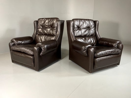 2 Danish Style Lounge Chairs Wingback Leather Vintage 1970s Retro EB5688 MNOR0