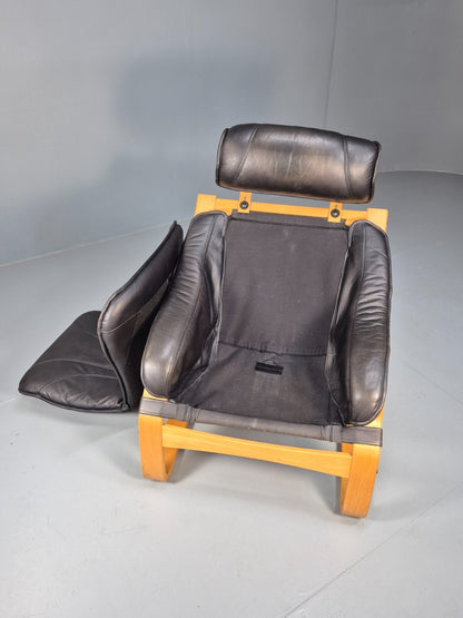 Vintage Black Leather Armchair Blonde Bentwood 1980s Danish MCM EB9256 MBEN11