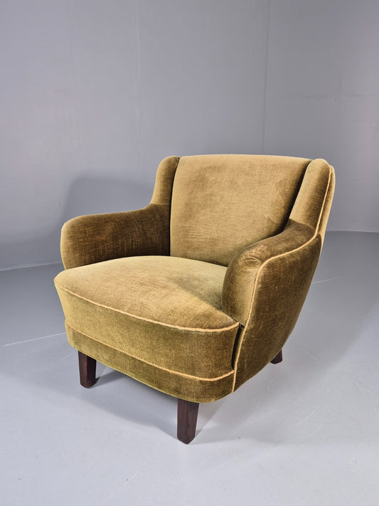 Vintage Lounge Chair Danish Deco Green Velour 1950s Retro MCM EB11322 MNOR0