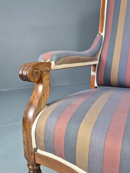 Antique Mahogany Lounge Chair Striped Cotton Upholstery EB10625 VCLO6