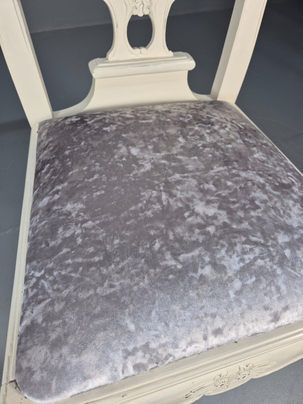 6 Vintage Chippendale Style Chairs White Painted Blue Chenille 1950s EB9394 VDIN - UKDK FURNITURE