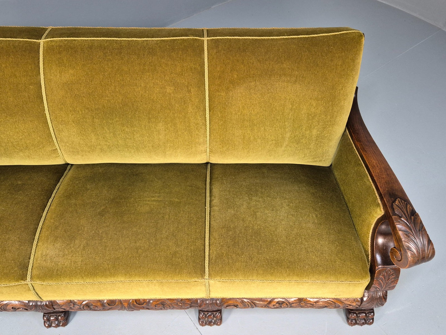 Vintage Danish Baroque Style 3 Seat Settee Green Velour Antique 1920 EB9653 V3SS - UKDK FURNITURE