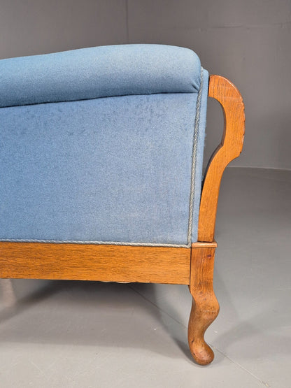 Vintage Danish Lounge Chair Blue Cloth Oak Frame 1900s Antique VCLO EB78138