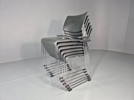 6 Leather Stacking Chairs Brunner Linos Dark Green Chrome Modern EB11735 MSTA1