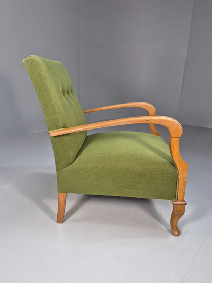 Vintage Danish Lounge Chair Green Wool Wood Arms Art Deco 1950s EB8973 VCLO - UKDK FURNITURE