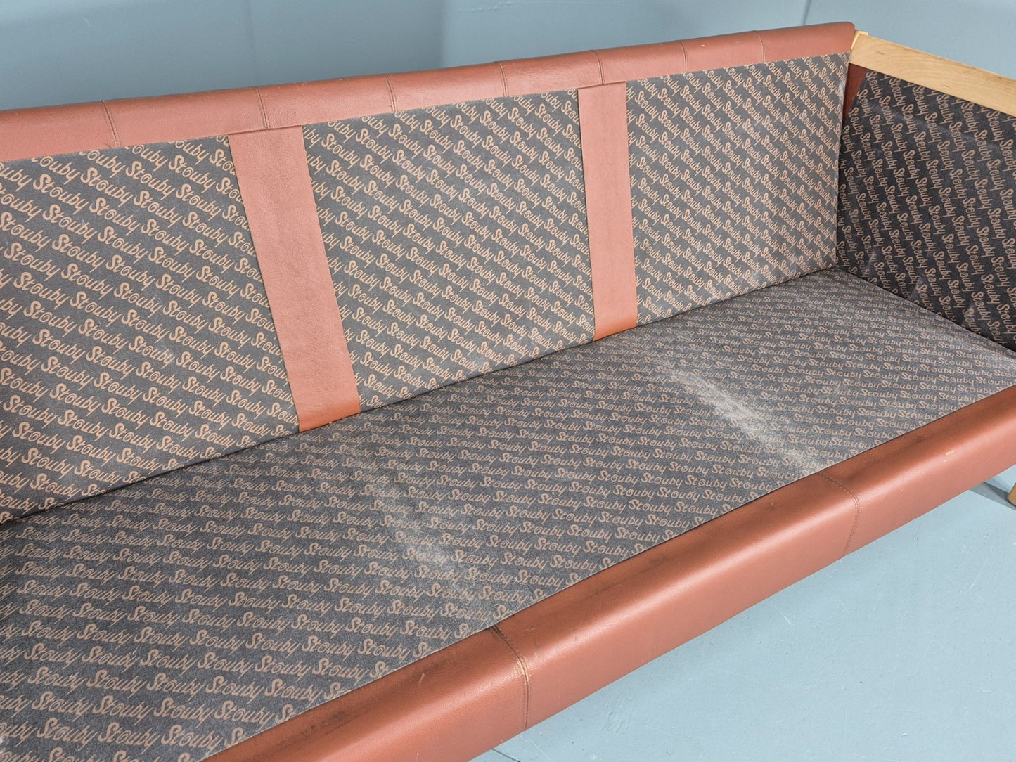 Vintage Stouby 3 Seat Sofa Reddy Brown Leather Beech Wood Slat EndsEB10525 M3SS10