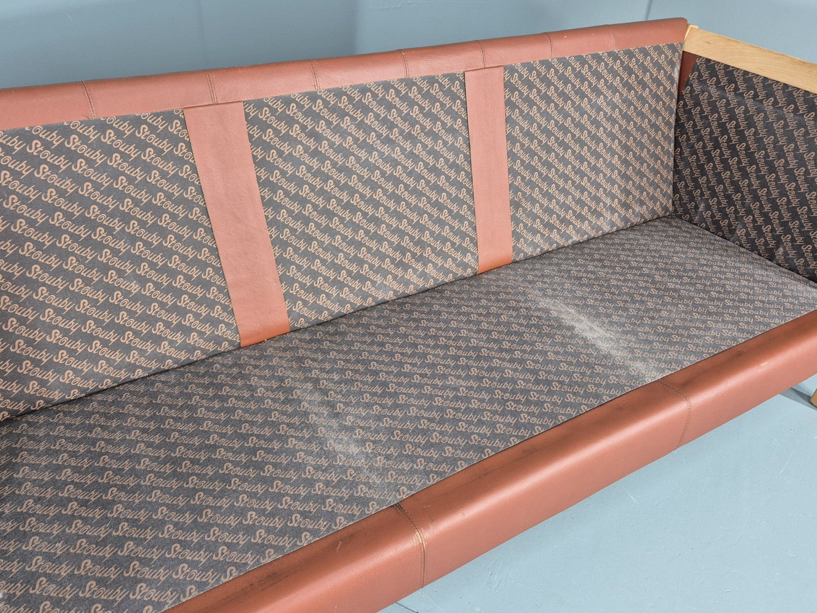 Vintage Stouby 3 Seat Sofa Reddy Brown Leather Beech Wood Slat EndsEB10525 M3SS10