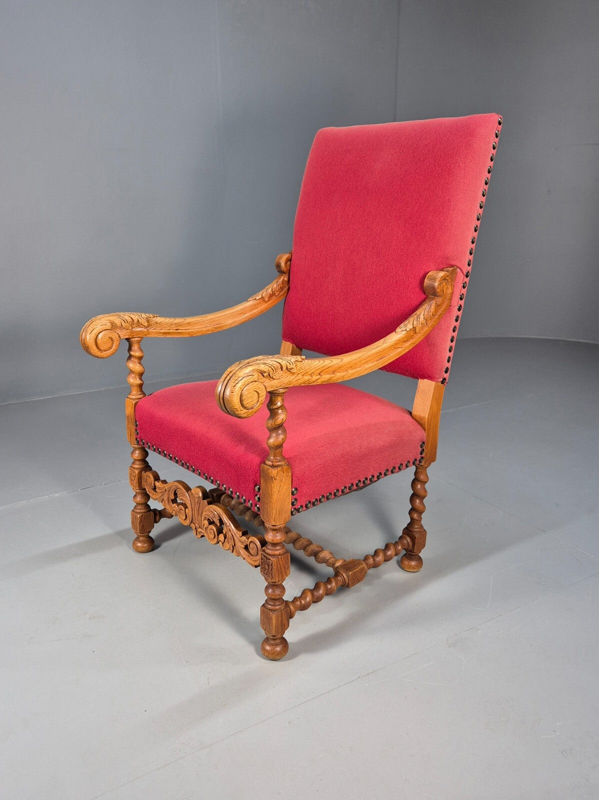 Vintage Danish Baroque Style Armchair in Red Wool and Oak 1950s EB9582 VCAR - UKDK FURNITURE