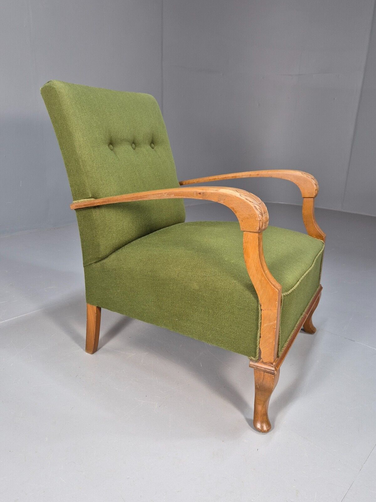 Vintage Danish Lounge Chair Green Wool Wood Arms Art Deco 1950s EB8973 VCLO - UKDK FURNITURE