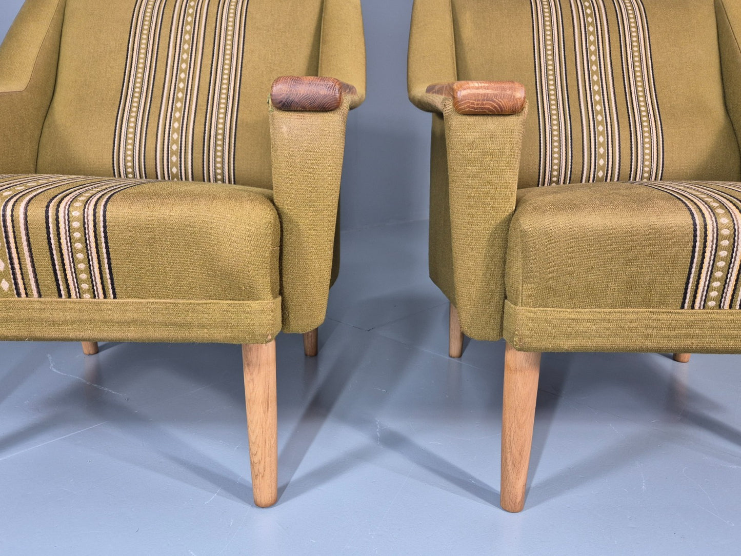 2 1970s Danish Lounge Chairs Green Wool Oak Details Retro Quality EB11408 MNOR4