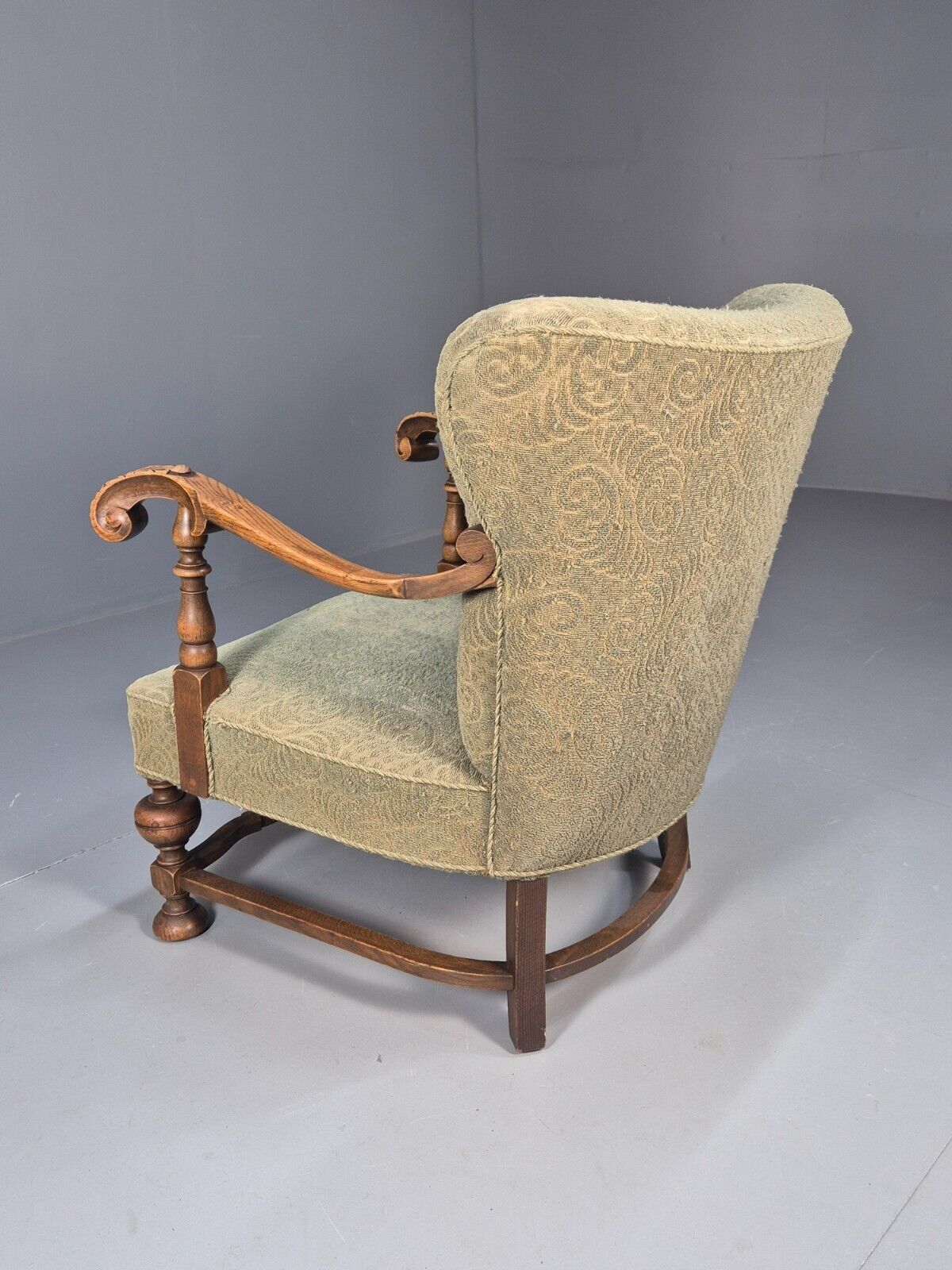 Vintage Danish Lounge Chair Green Moquette Carved Oak Frame 1940s EB8998 VCLO - UKDK FURNITURE