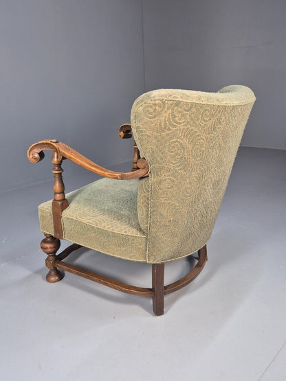 Vintage Danish Lounge Chair Green Moquette Carved Oak Frame 1940s EB8998 VCLO - UKDK FURNITURE