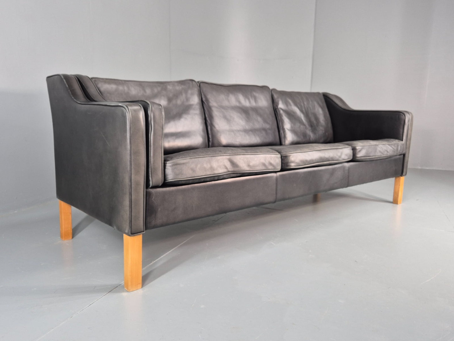 Vintage 3 Seat Sofa Black Leather Danish 1980s Retro Mid Century EB10479 M3SS1