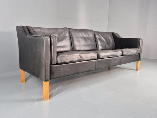 Vintage 3 Seat Sofa Black Leather Danish 1980s Retro Mid Century EB10479 M3SS1